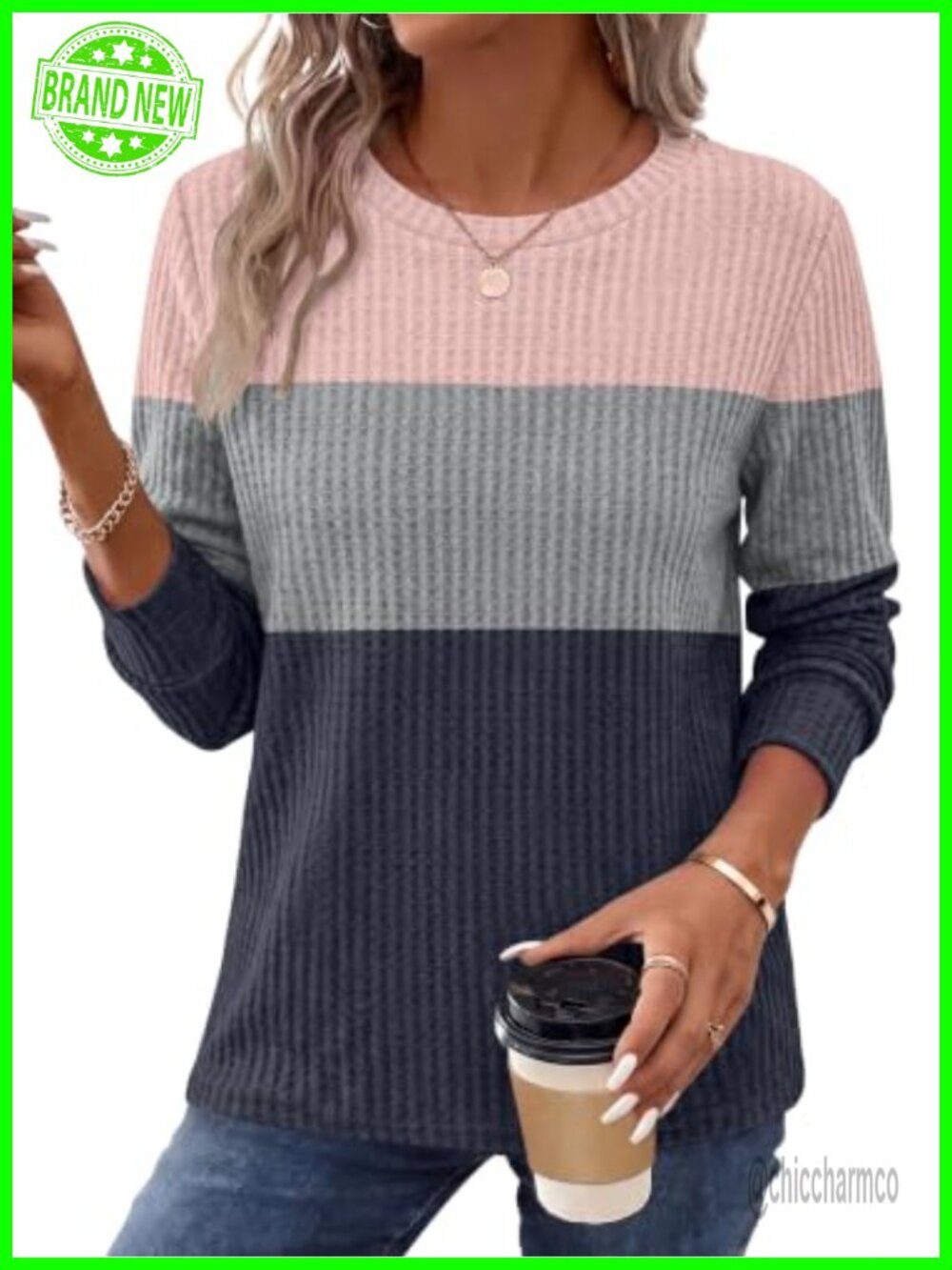 Waffle Knit Tunic Sweater Long Sleeve Crew Neck Pullover Women's